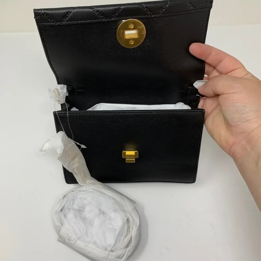 Tory Burch Quilted Georgia Turnlock Mini Leather Crossbody Handbag Black NEW